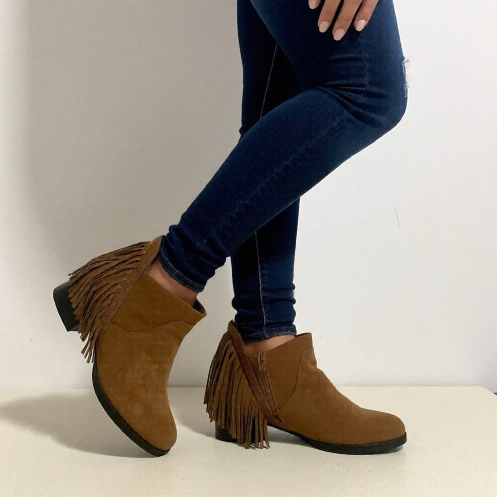 Y2K Women's 9 Ankle Boots Faux Suede Brown Fringed Cowgirl Western Hippie Boho